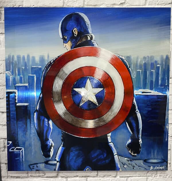 metal print of captain america hanging on a wall in London